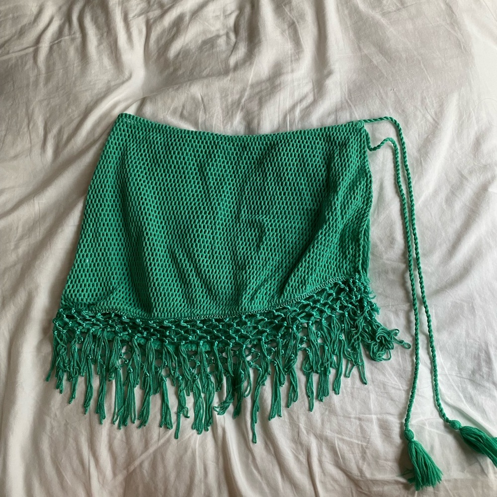 CottonOn Fringe Beach Mini Skirt Coverup Fresh Green Sz S Tassels Sarong Crochet